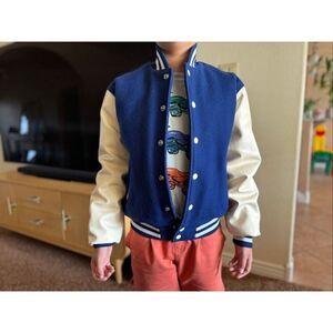 Rennoc kids medium vintage wool royal blue cream button-up varsity jacket